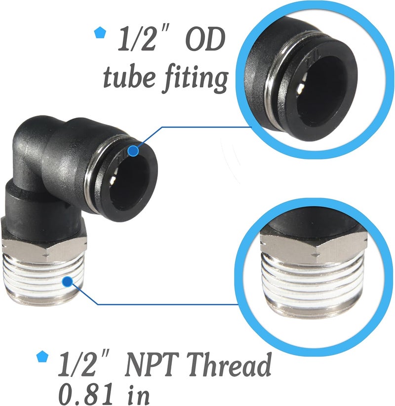 MSAEIQUN 1/2 Air hose fittings, Air fittings Male Elbow 1/2 Inch Tube OD x 1/2 NPT Thread Push to Connect Fitting, PL-1/2-N4 (Pack of 2) (1/2-1/2) - Image 2